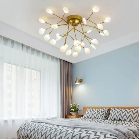 Modern Gold Multi - Head Semi Flush Ceiling Light For Hotels - Creative Plant - Shaped Metal