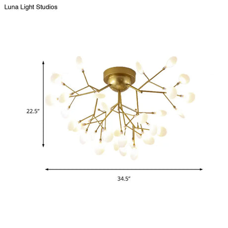 Modern Gold Multi - Head Semi Flush Ceiling Light For Hotels - Creative Plant - Shaped Metal Fixture