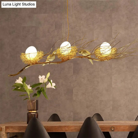 Modern Gold Nest Island Pendant Chandelier With Bird Decor - 3 Head Metal Lighting