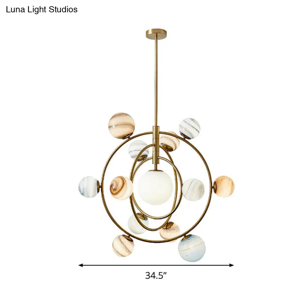 Modern Gold Orbit Chandelier Light Fixture - 13 Lights Metal Hanging Lamp With Glass Shade Kit
