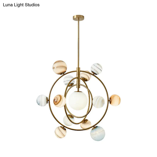 Modern Gold Orbit Chandelier Light Fixture - 13 Lights Metal Hanging Lamp With Glass Shade Kit
