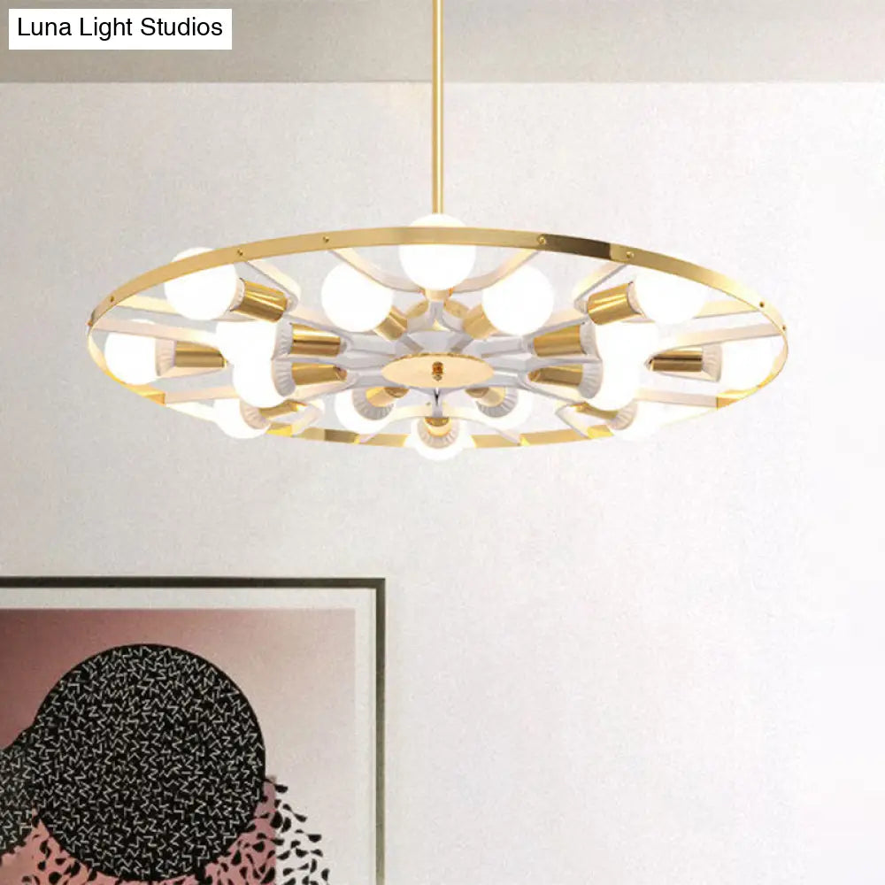 Modern Gold Ring Chandelier - 16-Light Metallic Bare Bulb Ceiling Fixture