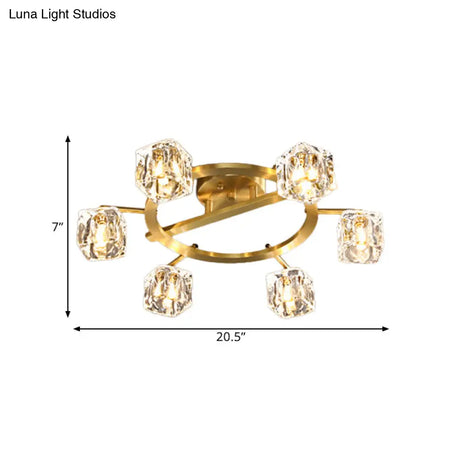 Modern Gold Ring Semi - Flush Mount Ceiling Light With Clear Crystal Cube Shade - 6/8 Bulbs Great