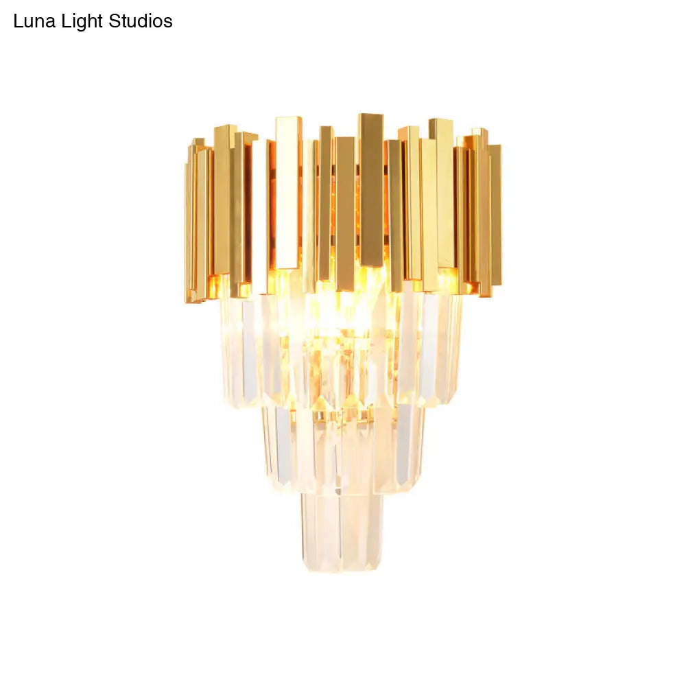 Modern Gold Sconce Light - 4 Layer Wall Fixture With Tri-Sided Crystal Rods And 2 Heads