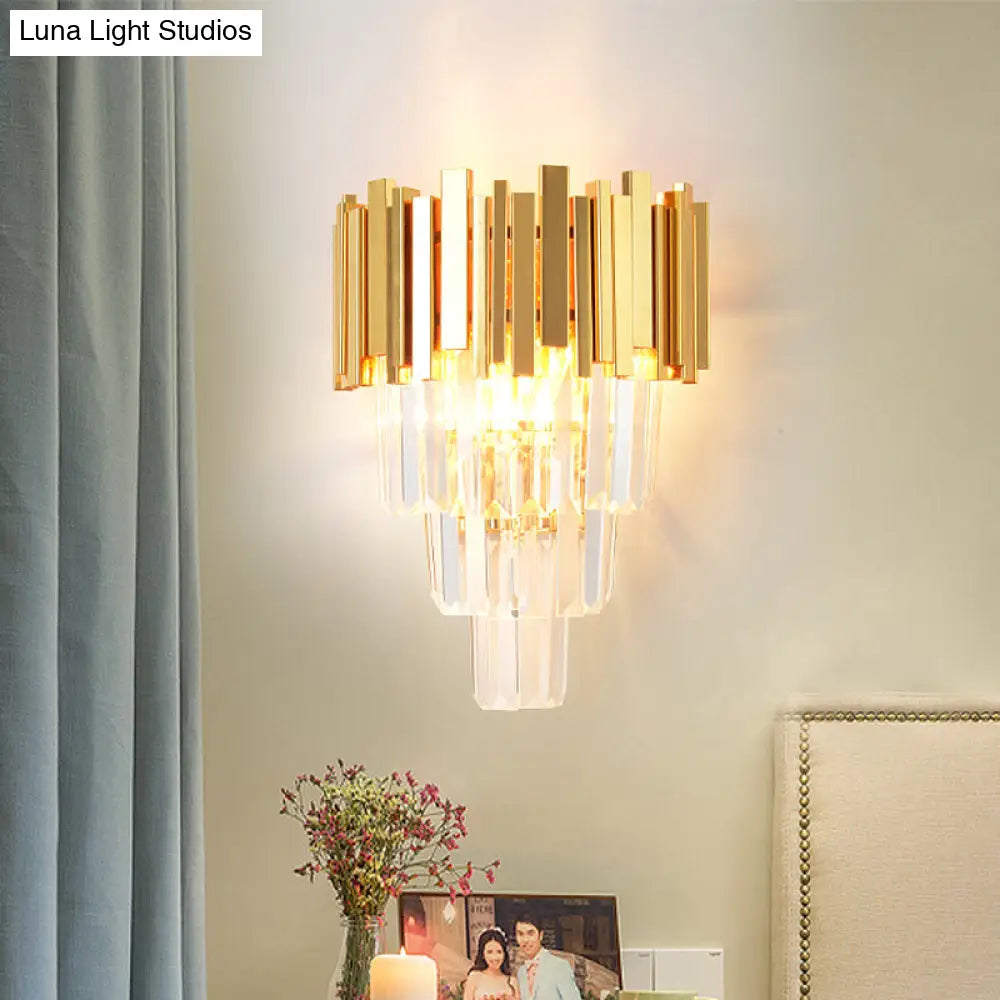 Modern Gold Sconce Light - 4 Layer Wall Fixture With Tri-Sided Crystal Rods And 2 Heads
