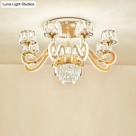 Modern Gold Semi Flush Mount Ceiling Light With Crystal Accents - 6/8 Bulbs Led Metal Scroll Arms