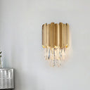 Modern Gold/Smoke Grey Round Wall Mount Lighting With Clear Crystal Teardrop - 2 Bulb Lamp Gold