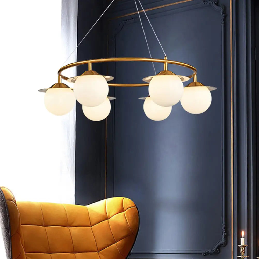 Modern Gold Sphere Chandelier with 6 Bulbs and White Glass Stylish Suspension Lamp Gold