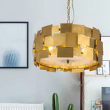Modern Gold Square Panel Hanging Light Kit - 6 Bulb Metallic Drum Ceiling Chandelier