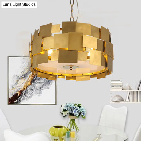 Modern Gold Square Panel Hanging Light Kit - 6 Bulb Metallic Drum Ceiling Chandelier