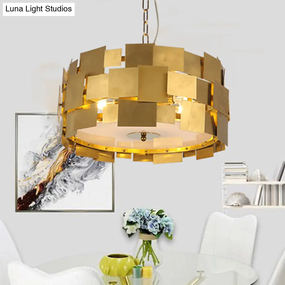 Modern Gold Square Panel Hanging Light With 6 Bulbs Metallic Drum Ceiling Chandelier Kit
