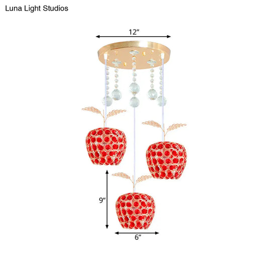 Modern Gold Suspension Lamp With Crystal-Encrusted Apple Pendant - 3-Light Design