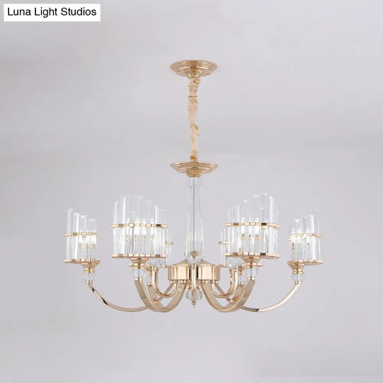 Modern Gold Swoop Arm Chandelier With Crystal Prisms - 6-Light Dining Table Suspension Lamp