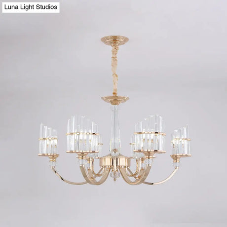 Modern Gold Swoop Arm Chandelier With Crystal Prisms - 6-Light Dining Table Suspension Lamp