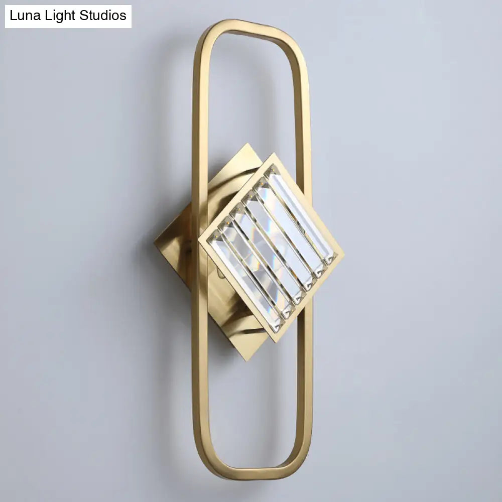 Modern Gold Wall Lamp With Clear Crystal Blocks - Square Lighting In A Rectangular Frame