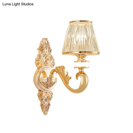Modern Gold Wall Sconce With Crystal Cone Shade - Bedside/Room Fixture