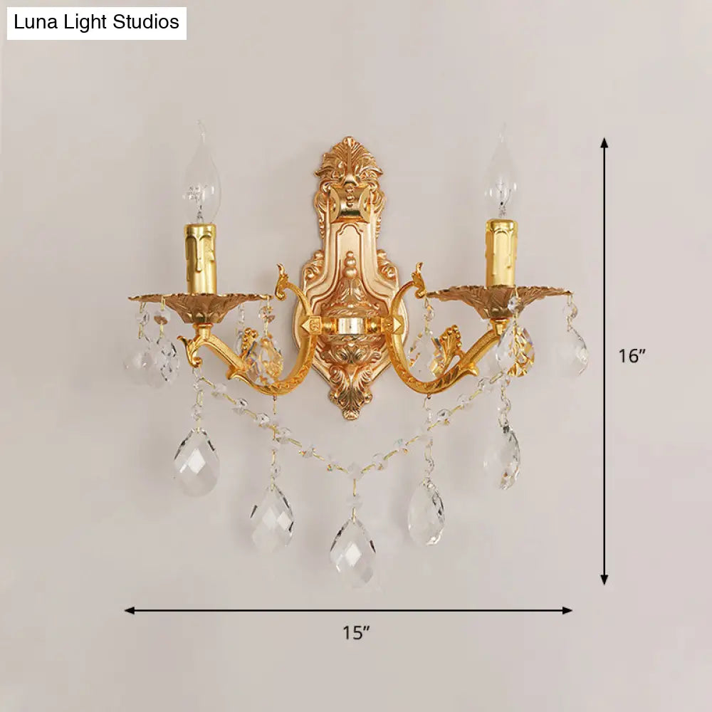 Modern Gold Wall Sconce With Crystal Drops - 1/2 Lights Metal Candelabra