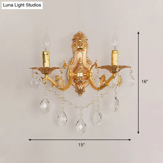 Modern Gold Wall Sconce With Crystal Drops - 1/2 Lights Metal Candelabra