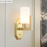 Modern Gold Wall Sconce With Tubular Milk Glass Shade For Living Room