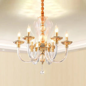 Modern Golden Curved Chandelier - 6 Heads Clear Glass Pendant Light With Crystal Drops Gold