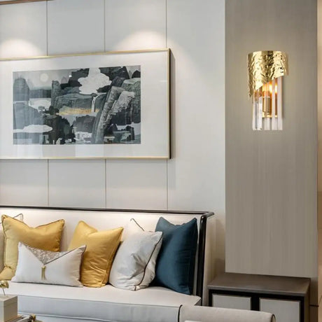 Modern Golden Metallic Wall Sconce With Crystal Block - Stylish Cylinder Light For Living Room Gold