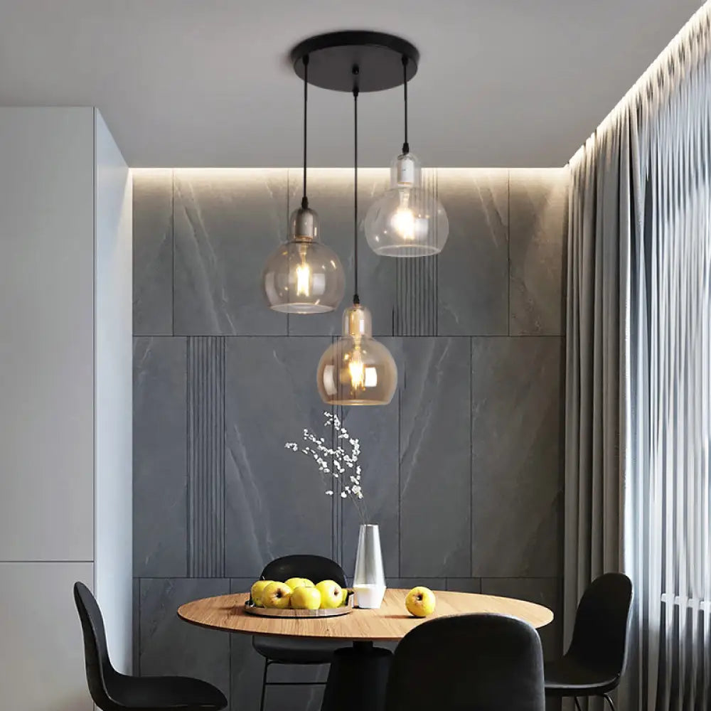 Modern Gourd Pendant Lamp With 3 Glass Heads - Black Suspension Light For Dining Room / 12’