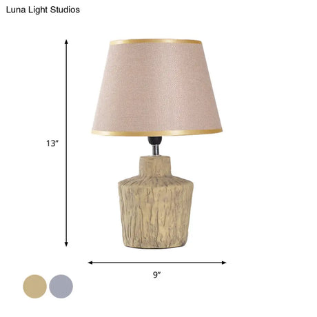 Modern Gray And Yellow Ceramic Night Table Lamp With Fabric Barrel Shade