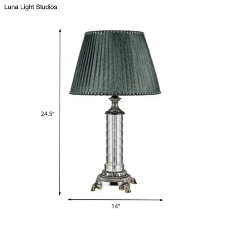 Modern Green Pleated Fabric Table Lamp With Carved Bronze Metal Base