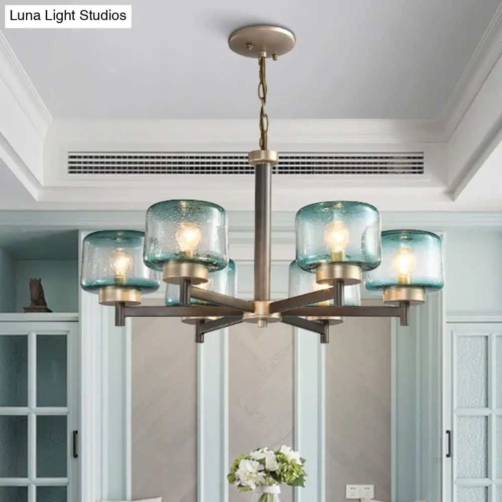 Modern Grey Dining Room Chandelier With Blue Seeded Glass Shade - Choose 3 Or 6 Lights & Radial