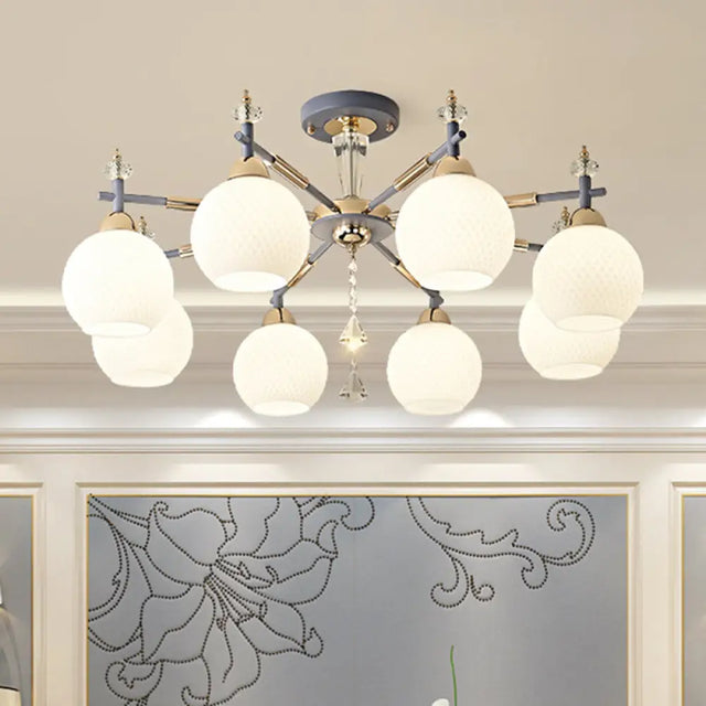 Modern Grey Pendant Chandelier With Milk Glass Shades - 8 Bulb Living Room Lighting Fixture