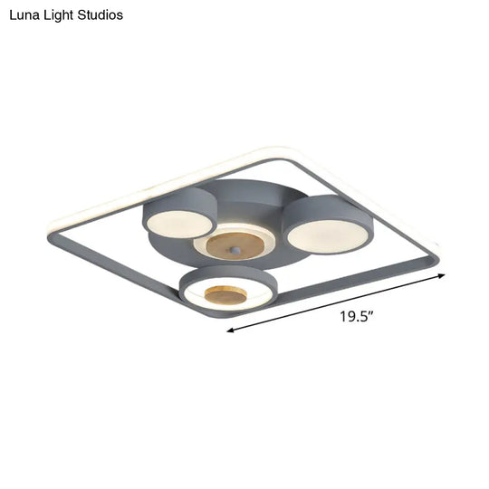 Modern Grey Square Led Ceiling Light With Nordic Iron Finish And Wood Accent