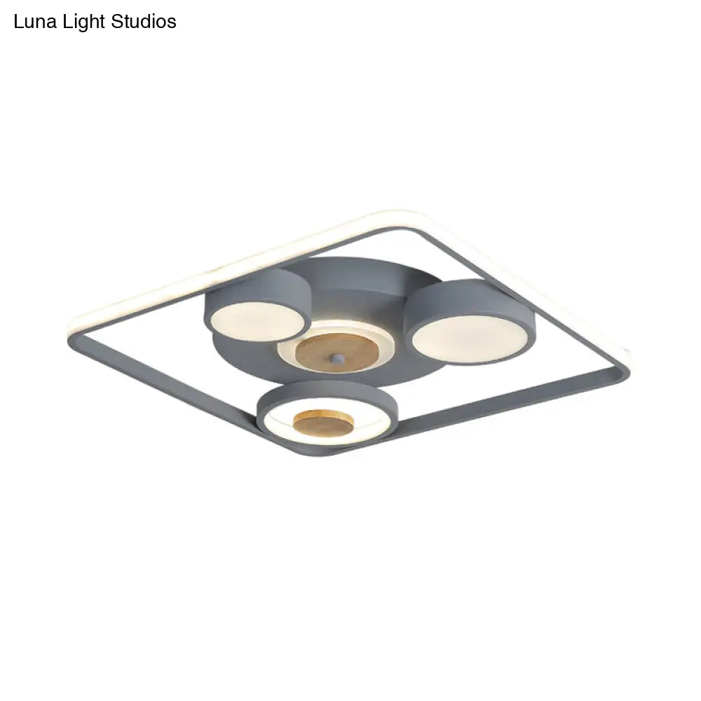 Modern Grey Square Led Ceiling Light With Nordic Iron Finish And Wood Accent