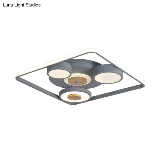 Modern Grey Square Led Ceiling Light With Nordic Iron Finish And Wood Accent