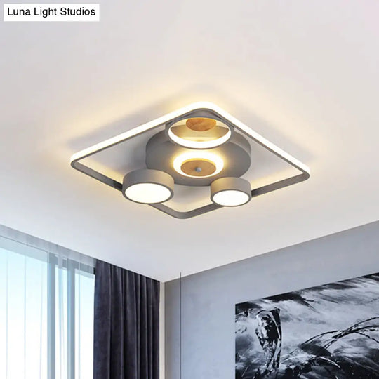 Modern Grey Square Led Ceiling Light With Nordic Iron Finish And Wood Accent