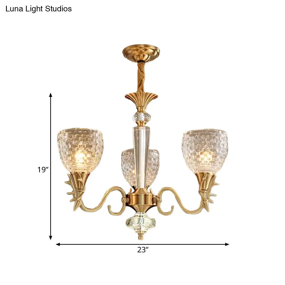 Modern Gridded K9 Crystal 3-Light Brass Chandelier For Dining Room Hanging Pendant