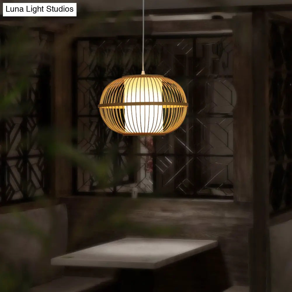 Modern Handwoven Bamboo Pendant Light For Restaurants - Single Wood Hanging Ceiling
