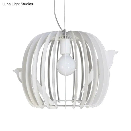 Modern Iron Birdcage Pendant Lamp In White With Bird Decor - Drum Shaped 1 Bulb Hanging Ceiling