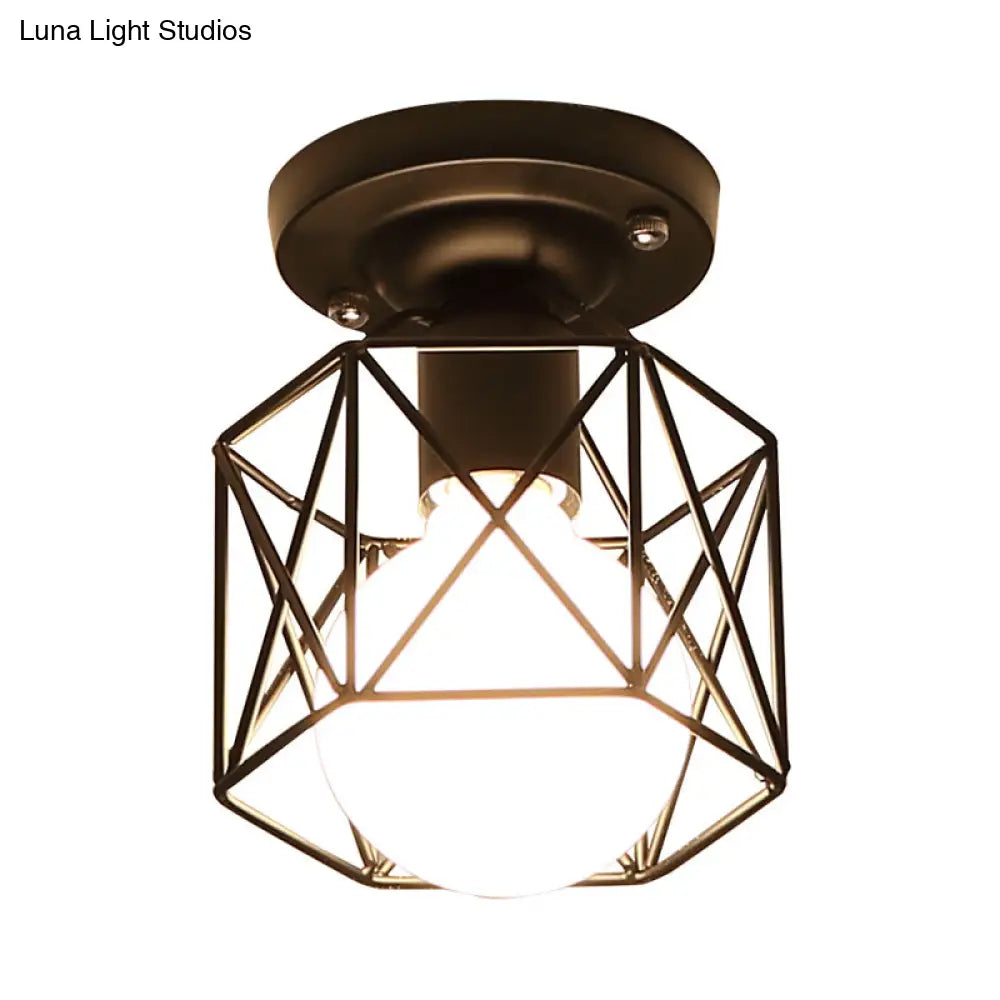 Modern Iron Black Hexagon Cage Flush Mount Kitchen Lighting - 1 Bulb Flushmount Ceiling Lamp