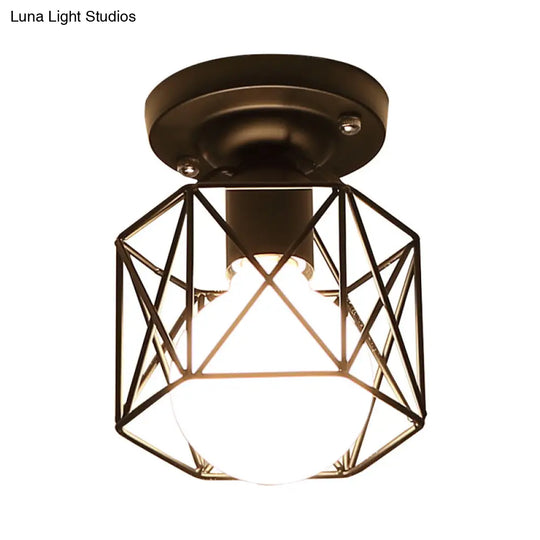 Modern Iron Black Hexagon Cage Flush Mount Kitchen Lighting - 1 Bulb Flushmount Ceiling Lamp