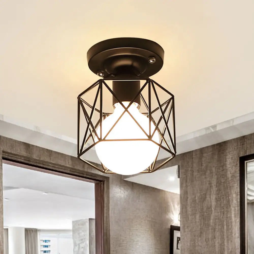 Modern Iron Black Hexagon Cage Flush Mount Kitchen Lighting - 1 Bulb Flushmount Ceiling Lamp
