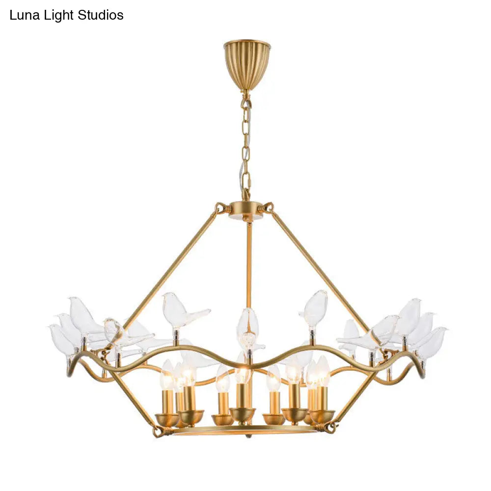 Postmodern Iron Candle Chandelier With Clear Glass Birds - 6/9-Head Gold Ceiling Fixture For Living