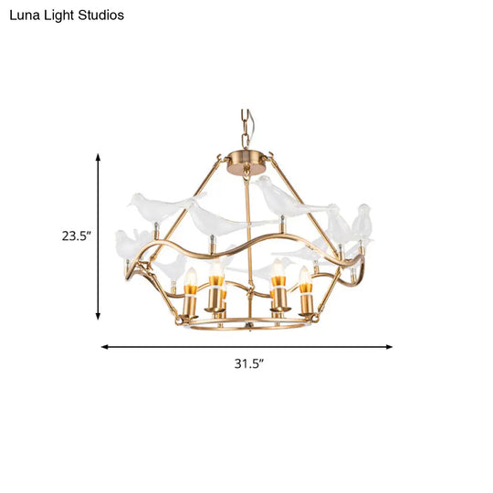 Modern Iron Candle Chandelier Ceiling Fixture In Gold With Clear Glass Birds - 6/9-Head For Living