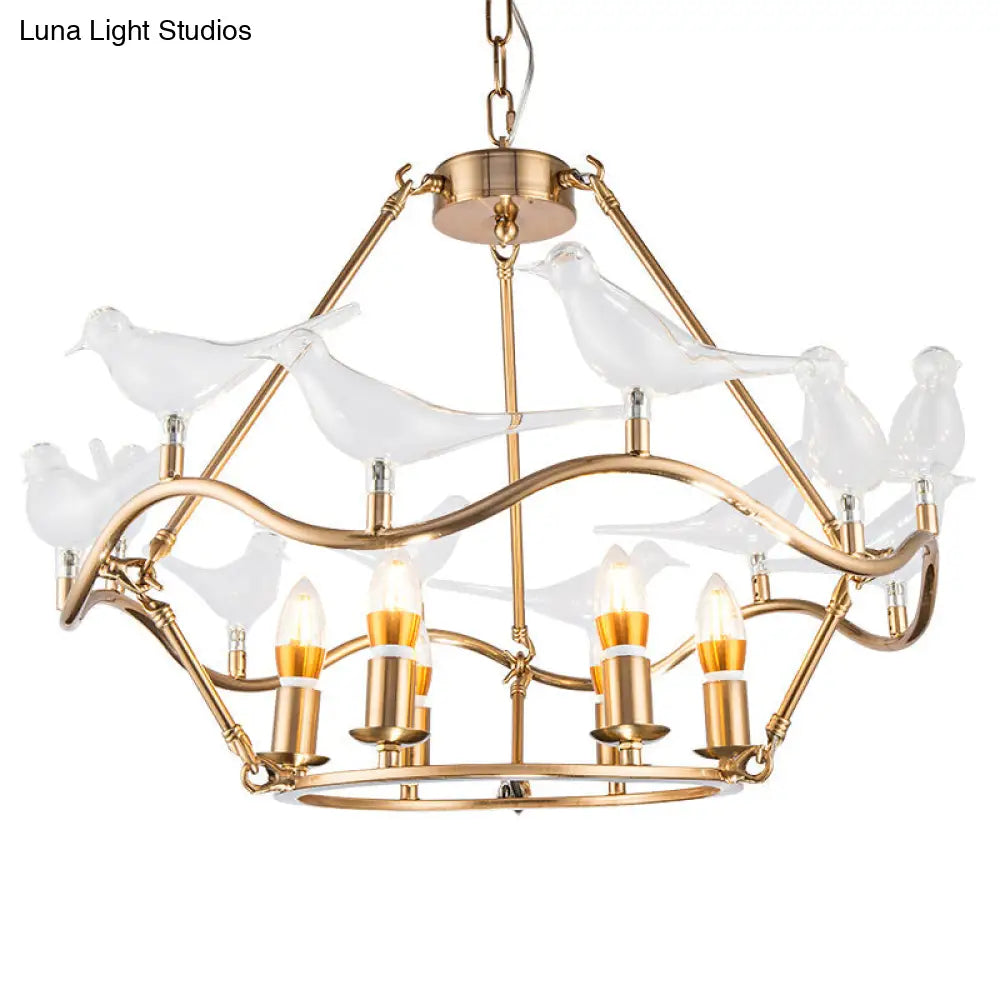 Postmodern Iron Candle Chandelier With Clear Glass Birds - 6/9-Head Gold Ceiling Fixture For Living