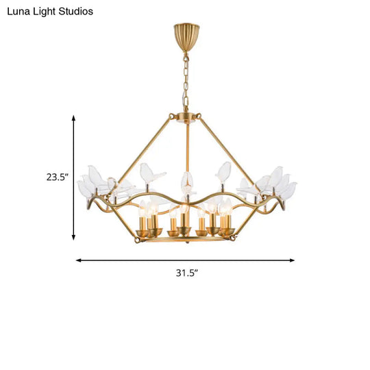 Postmodern Iron Candle Chandelier With Clear Glass Birds - 6/9-Head Gold Ceiling Fixture For Living