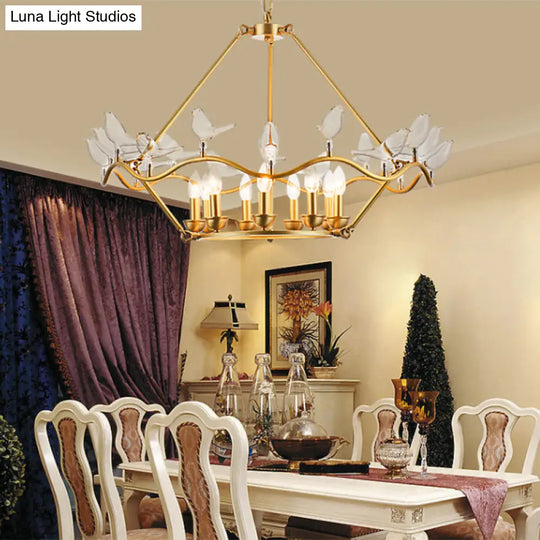 Modern Iron Candle Chandelier Ceiling Fixture In Gold With Clear Glass Birds - 6/9-Head For Living