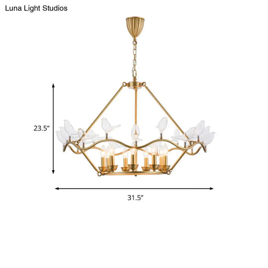 Modern Iron Candle Chandelier Ceiling Fixture In Gold With Clear Glass Birds - 6/9-Head For Living