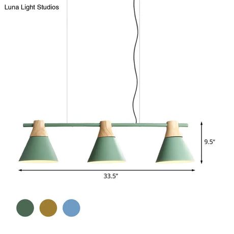 Modern Iron Cone Suspension Light With 3 Bulbs In Yellow/Blue/Green - Linear Design For Dining Room