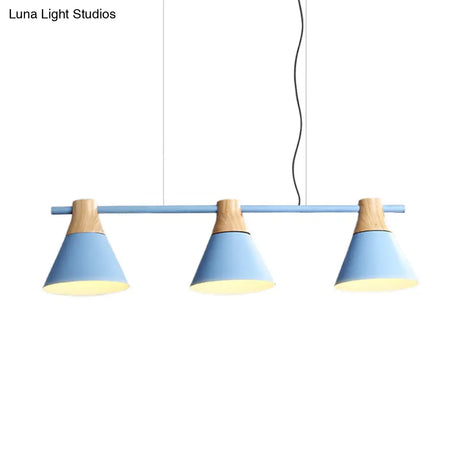 Modern Iron Cone Suspension Light With 3 Bulbs In Yellow/Blue/Green - Linear Design For Dining Room