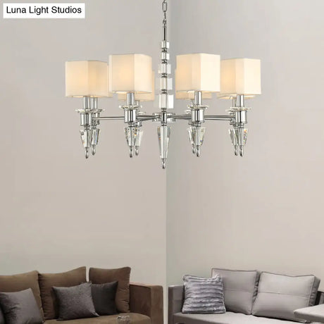 Modern Iron Cube Ceiling Pendant With 6 Lights & Fabric Shade - Chrome Hanging Chandelier Fixture