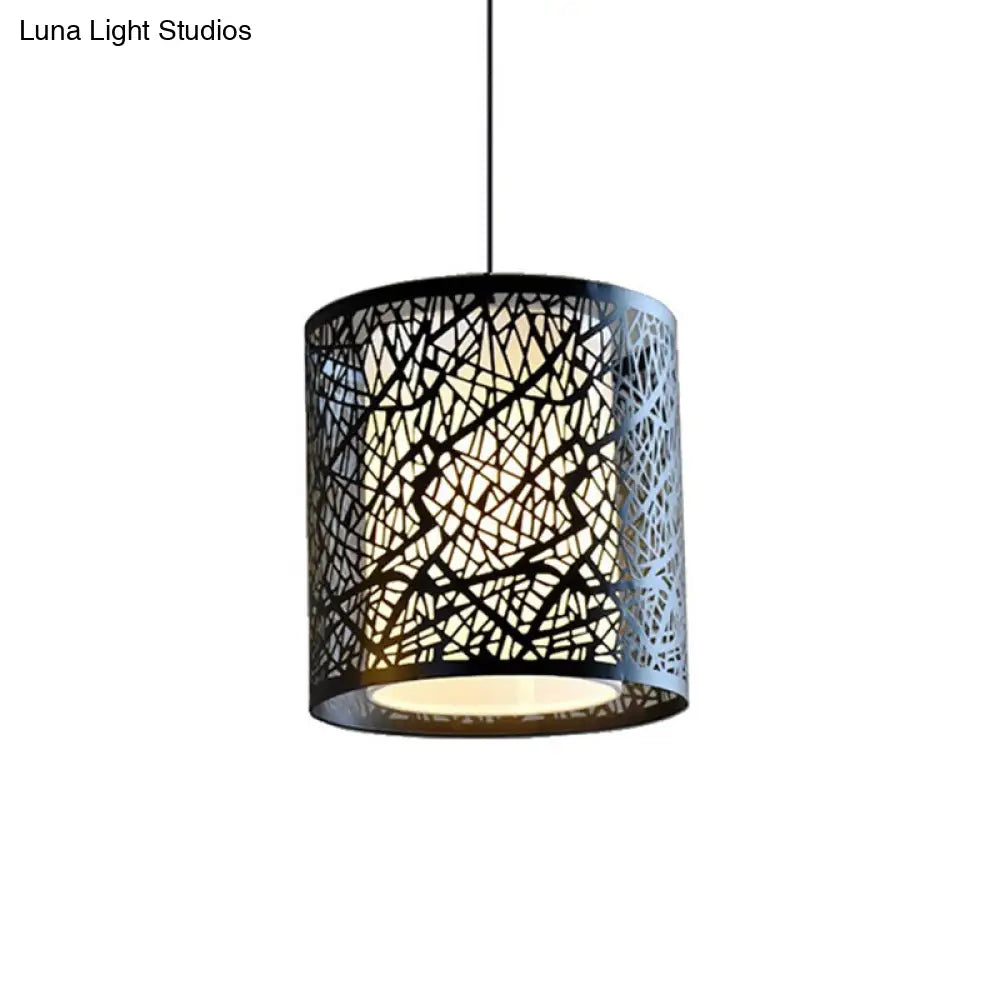 Modern Iron Drum Pendant Light With Etched Design - Black Shade